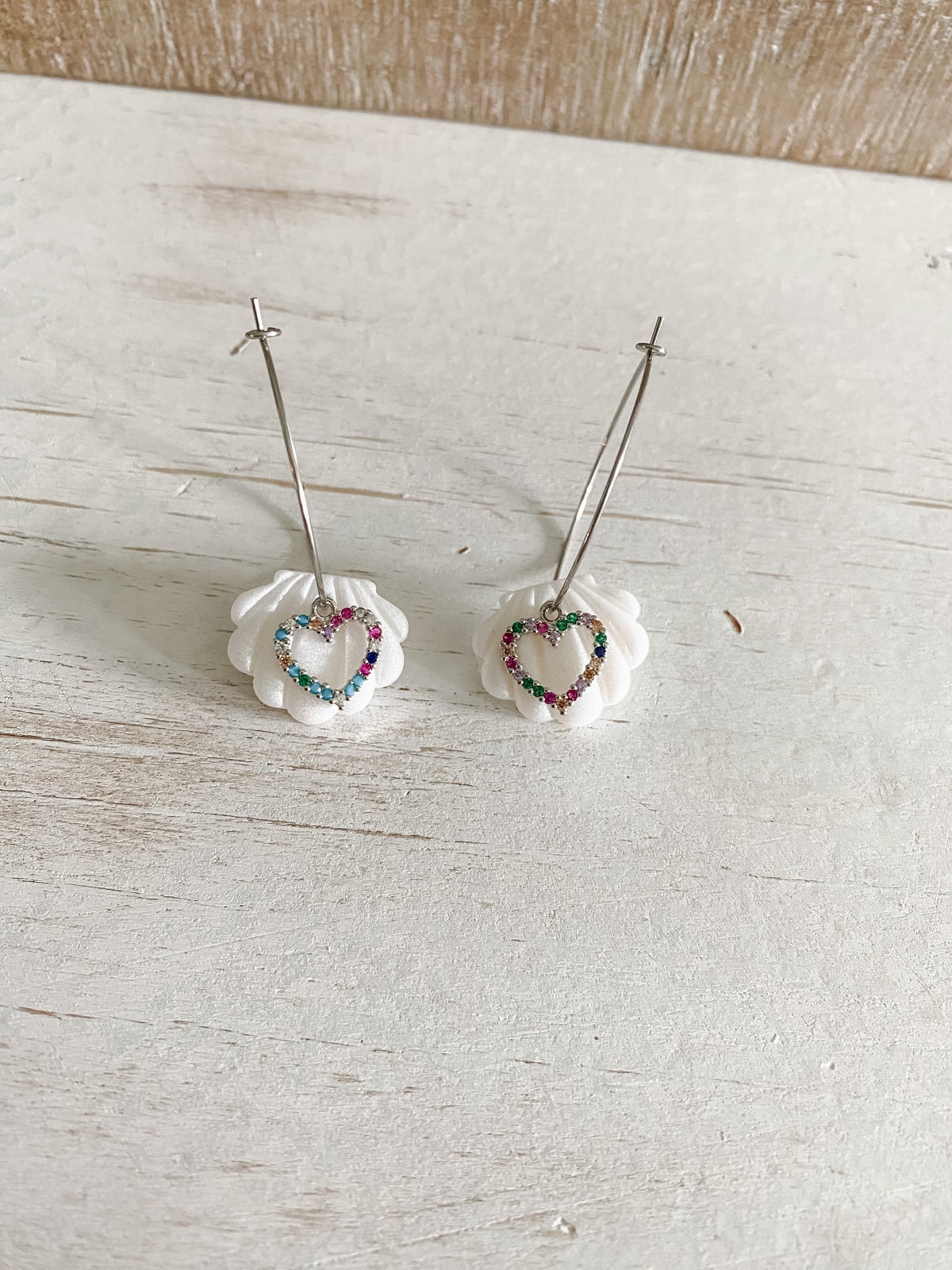 Pearl and cubic zirconia heart polymer clay silver hoops