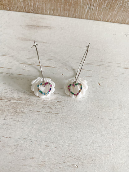 Pearl and cubic zirconia heart polymer clay silver hoops