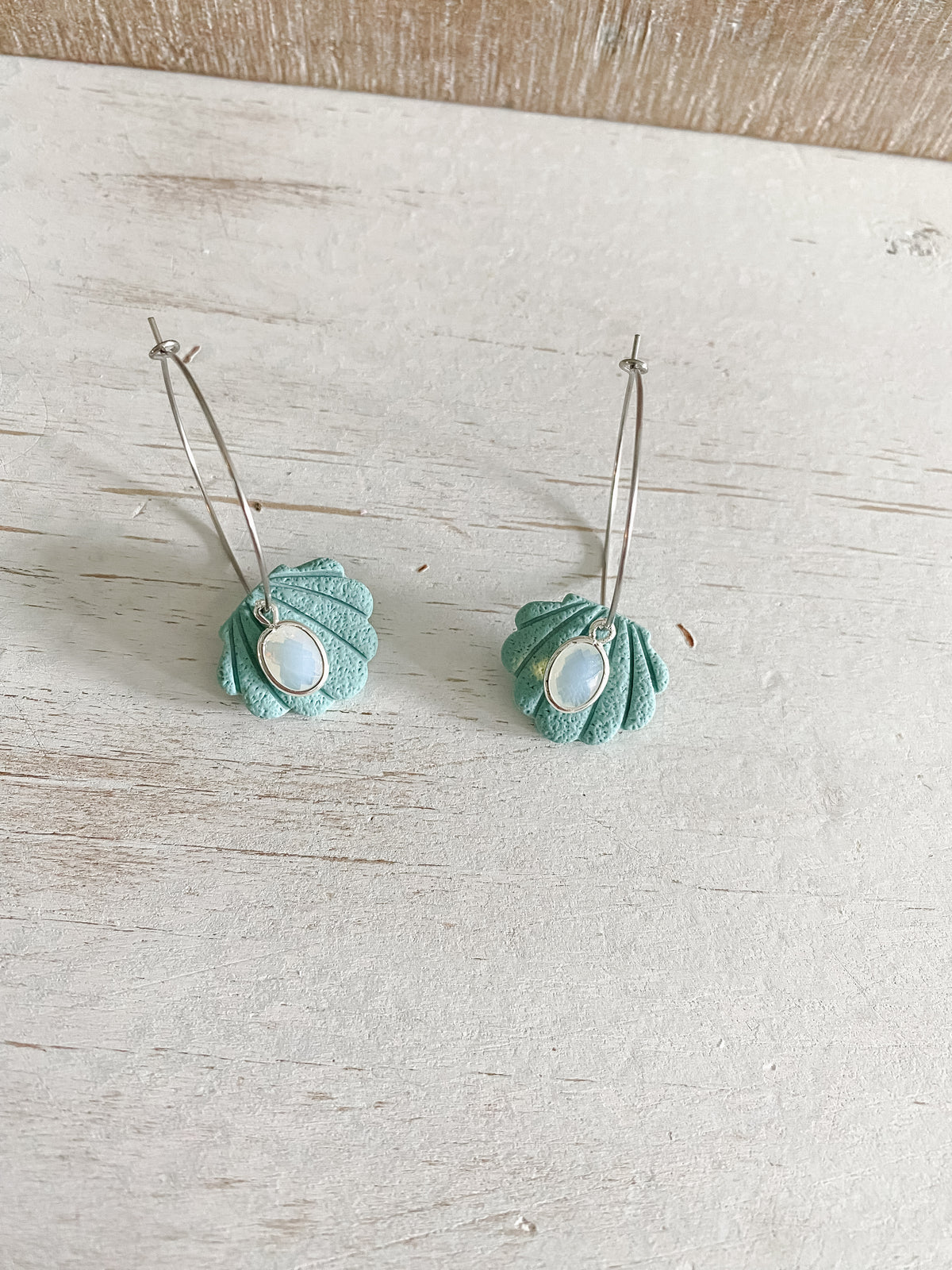 Teal seashell polymer clay silver hoops