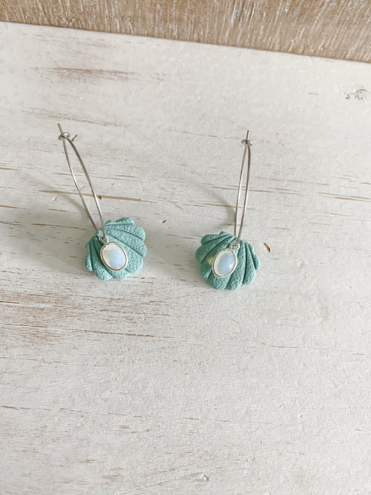 Teal seashell polymer clay silver hoops