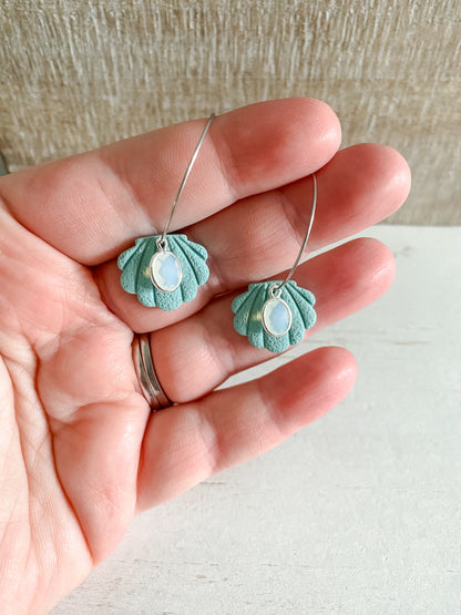 Teal seashell polymer clay silver hoops