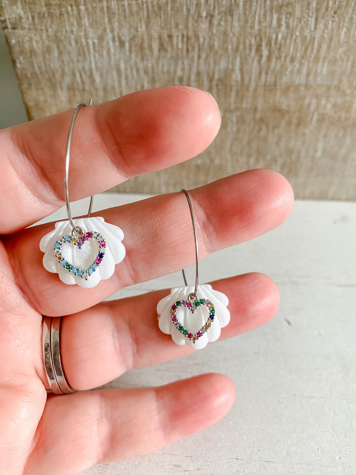 Pearl and cubic zirconia heart polymer clay silver hoops