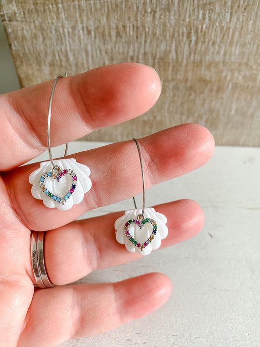 Pearl and cubic zirconia heart polymer clay silver hoops