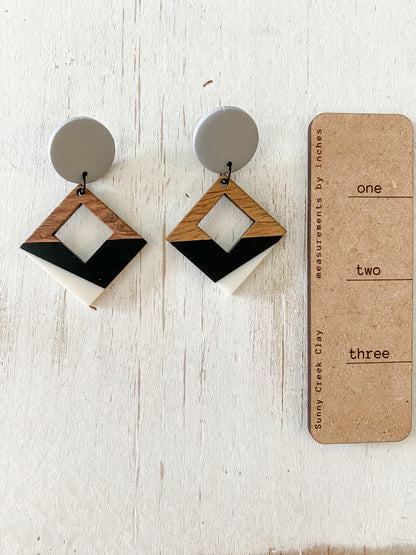 Black white & wood resin square handmade polymer clay earring collection