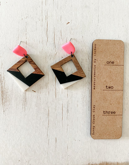 Black white & wood resin square handmade polymer clay earring collection
