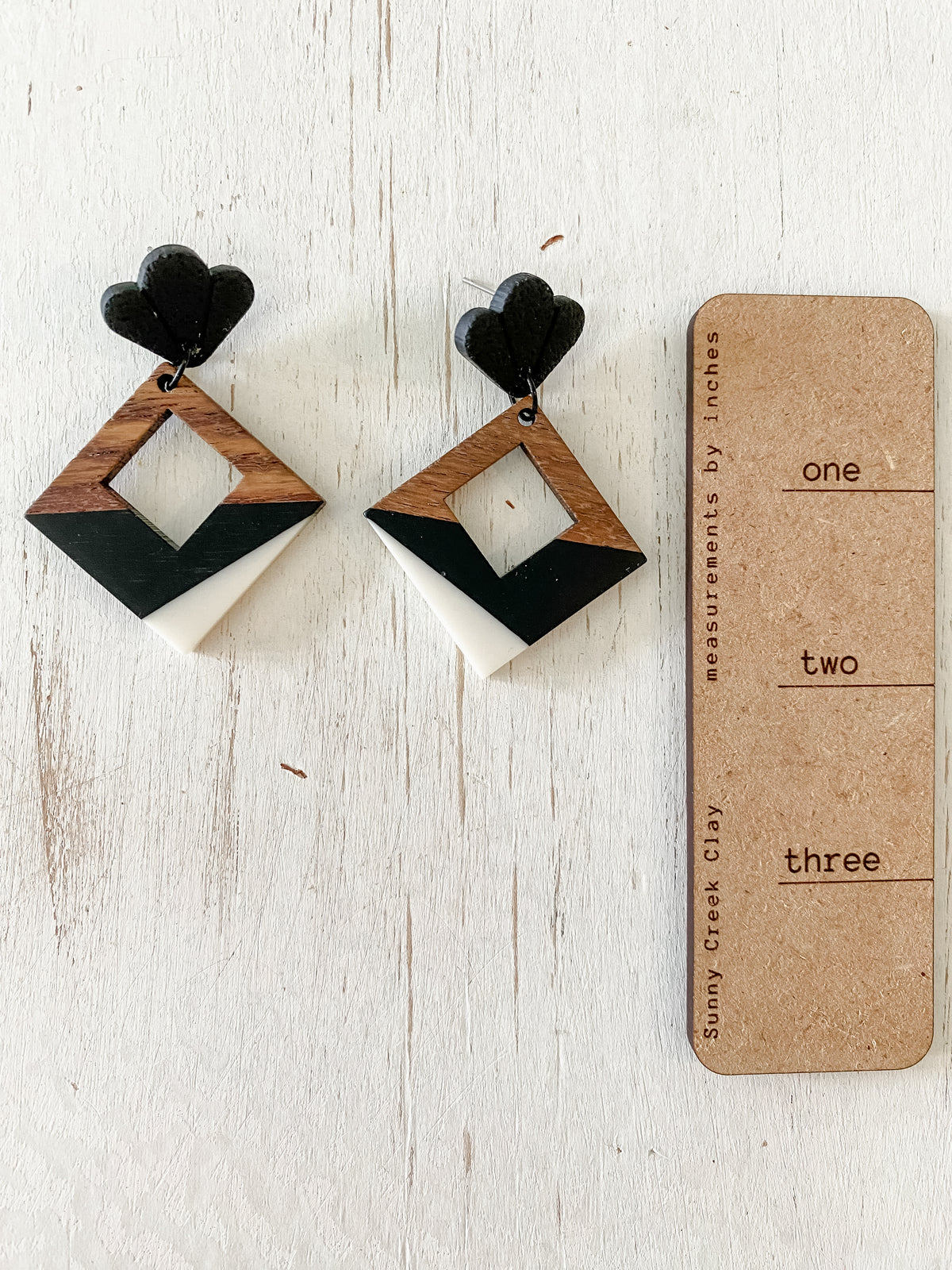 Black white & wood resin square handmade polymer clay earring collection