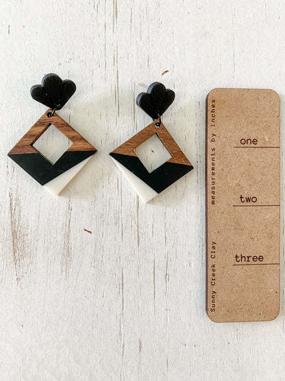 Black white & wood resin square handmade polymer clay earring collection