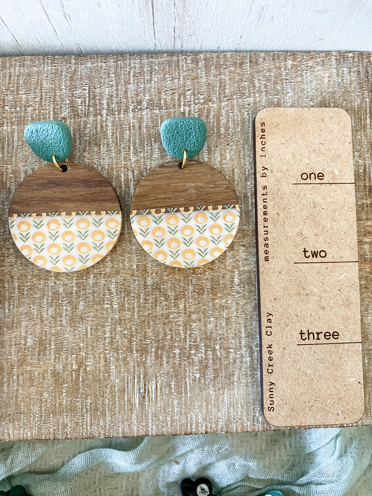 Yellow flower resin & walnut handmade polymer clay earring collection