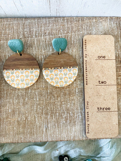 Yellow flower resin & walnut handmade polymer clay earring collection