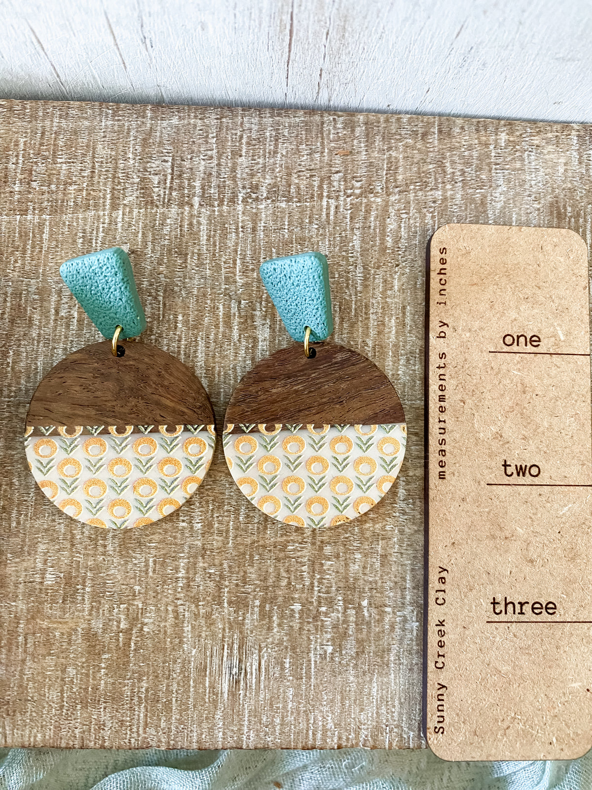 Yellow flower resin & walnut handmade polymer clay earring collection