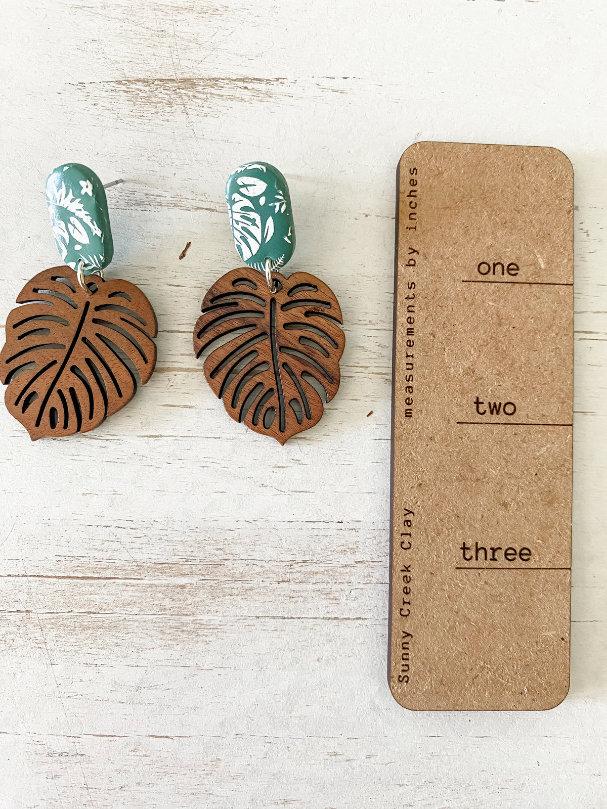 Green tropical print handmade polymer clay earring collection