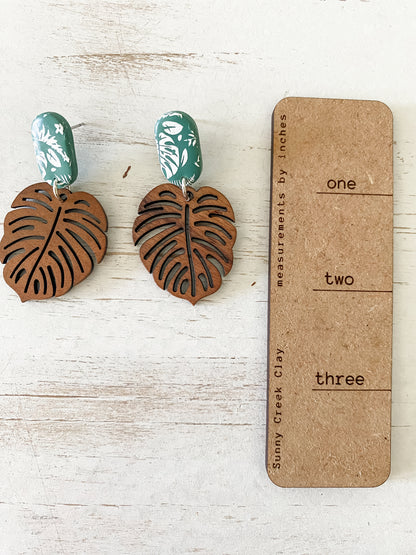 Green tropical print handmade polymer clay earring collection