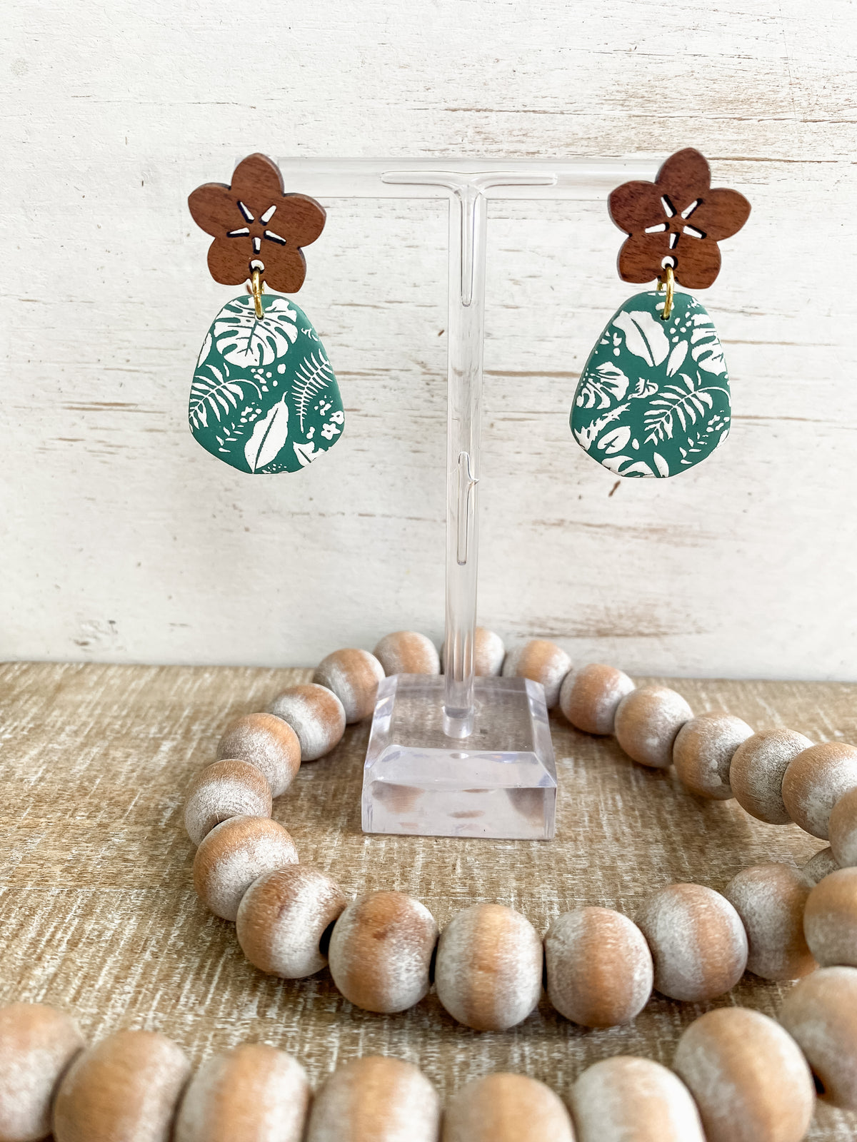 Green tropical print handmade polymer clay earring collection