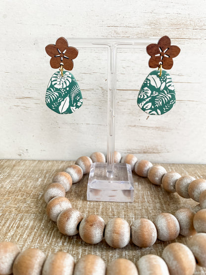 Green tropical print handmade polymer clay earring collection