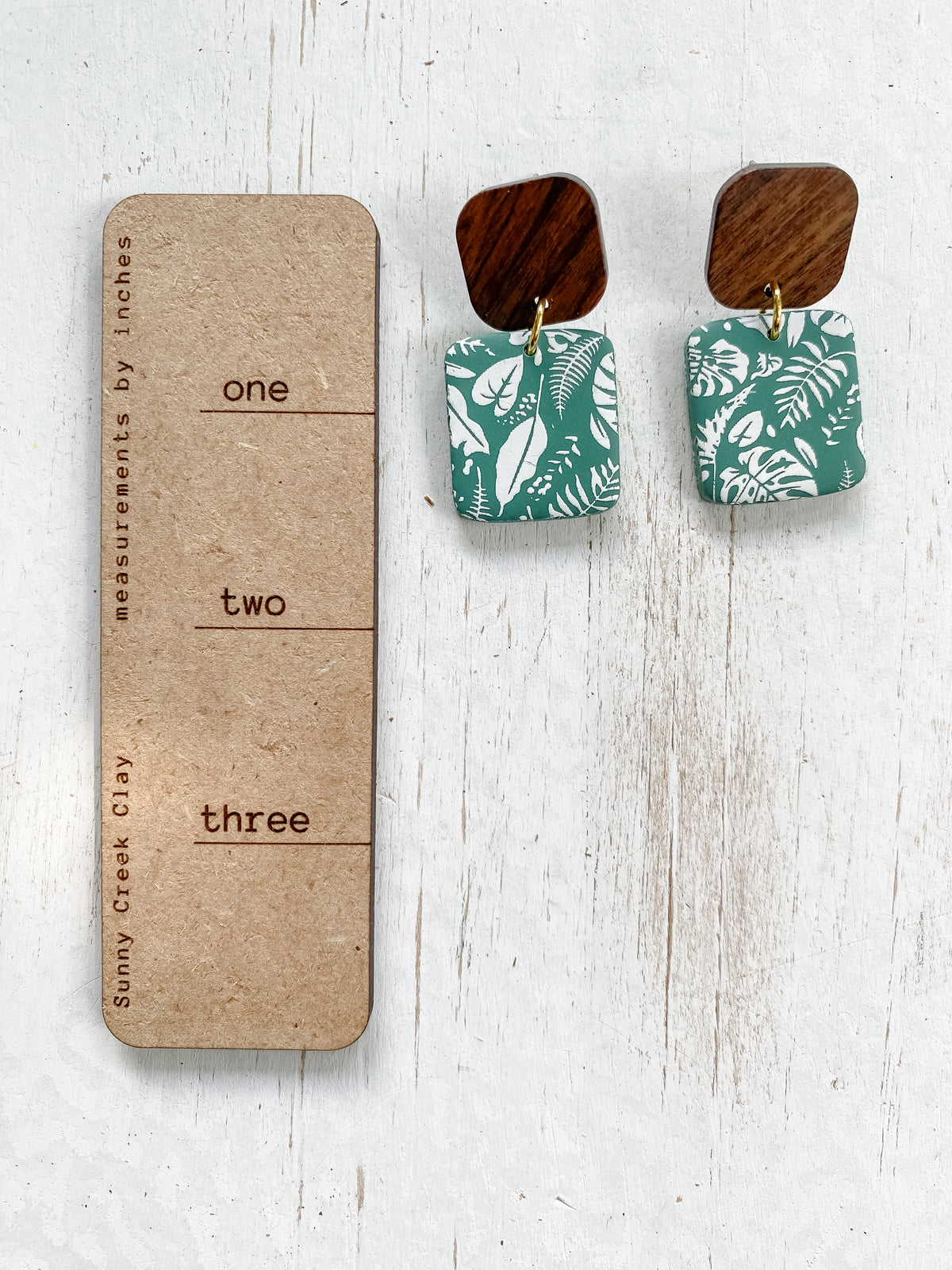Green tropical print handmade polymer clay earring collection
