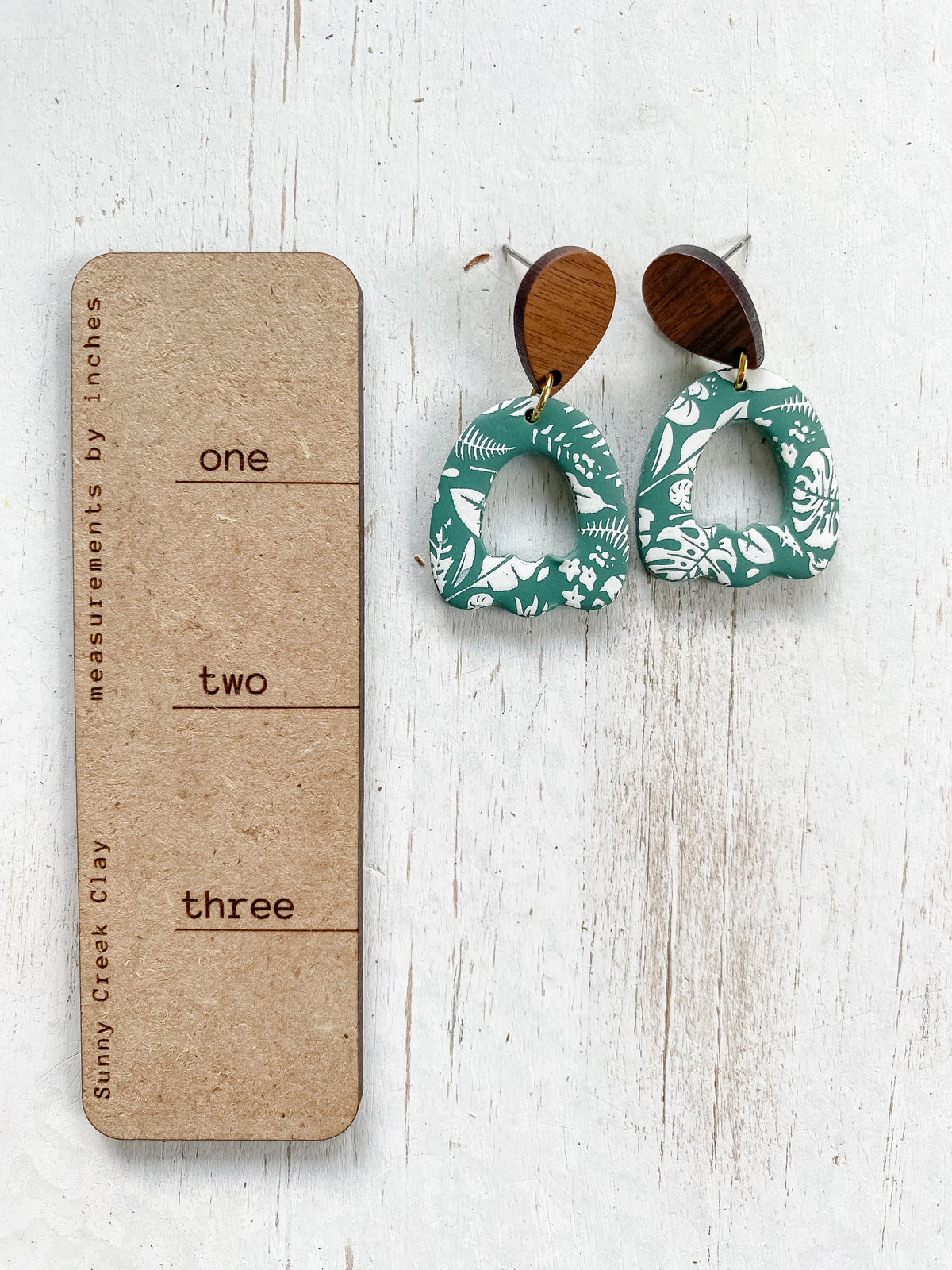 Green tropical print handmade polymer clay earring collection