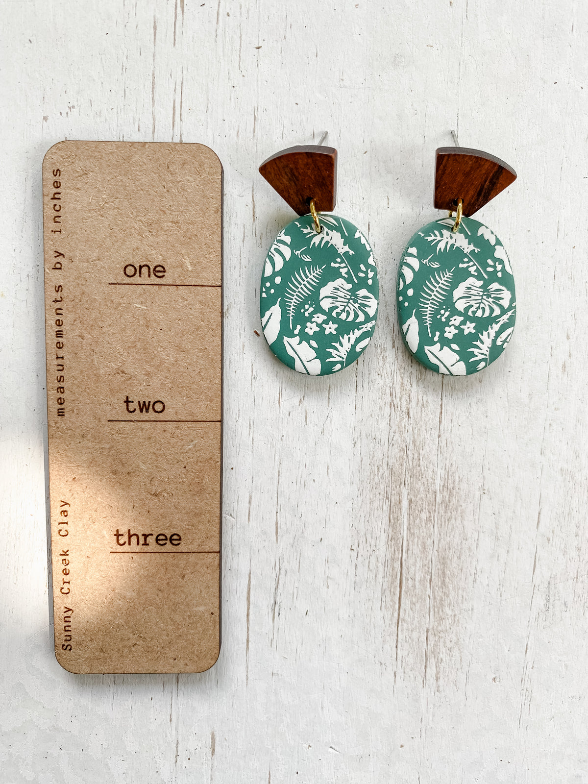 Green tropical print handmade polymer clay earring collection