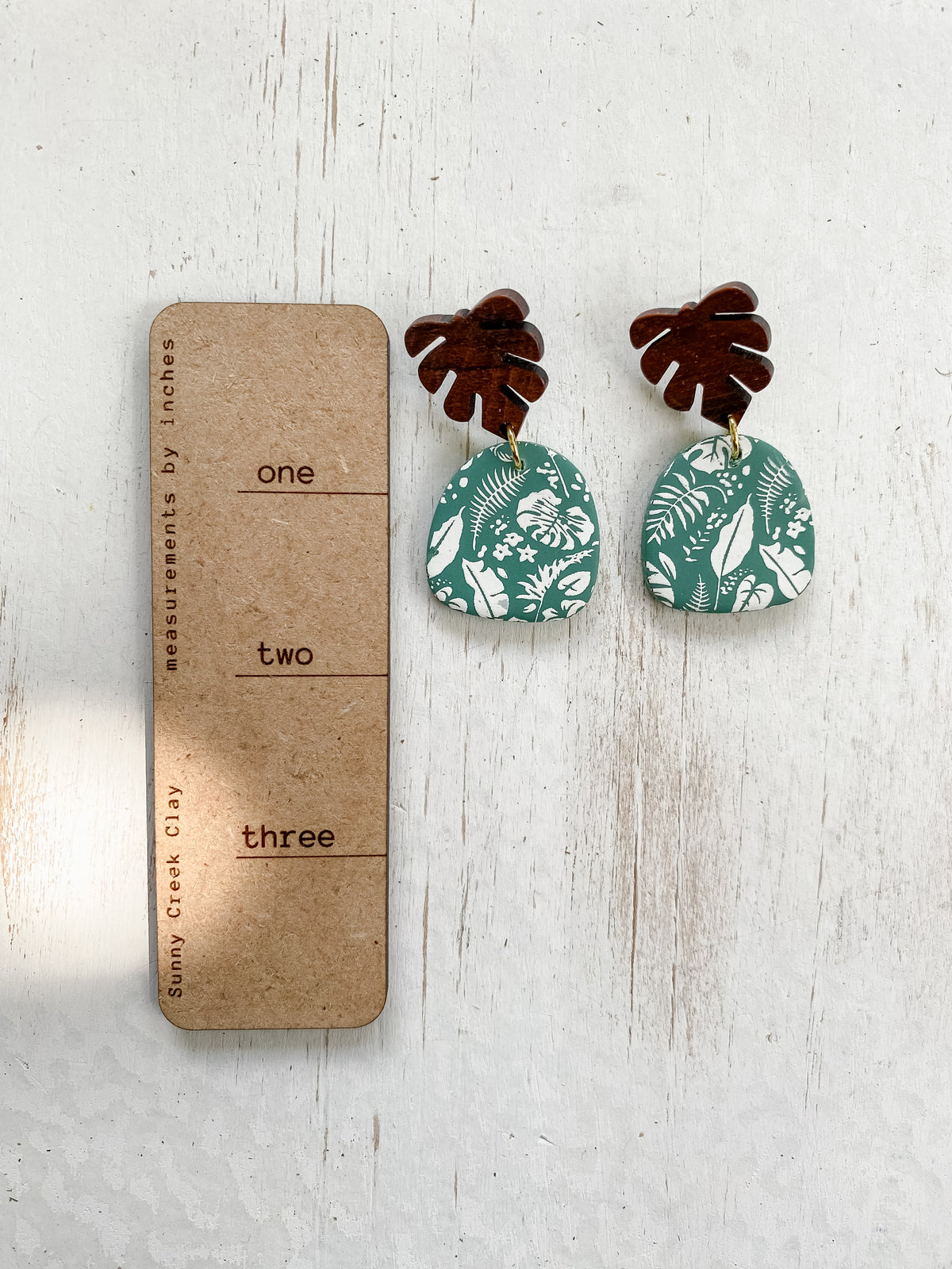 Green tropical print handmade polymer clay earring collection