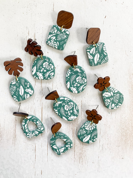 Green tropical print handmade polymer clay earring collection