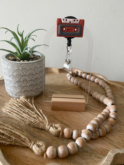 Orange & grey cassette tape handmade polymer clay badge reel