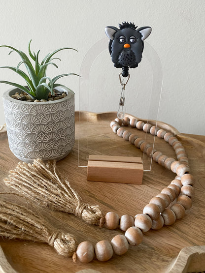 Grey furry Furby handmade polymer clay badge reel