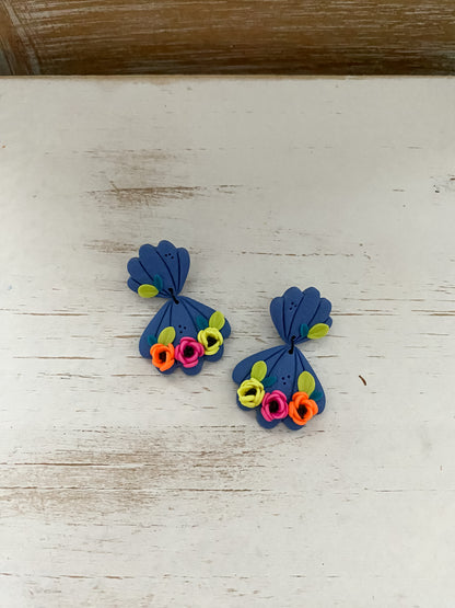 Scalloped mermaid neon handmade floral polymer clay earrings