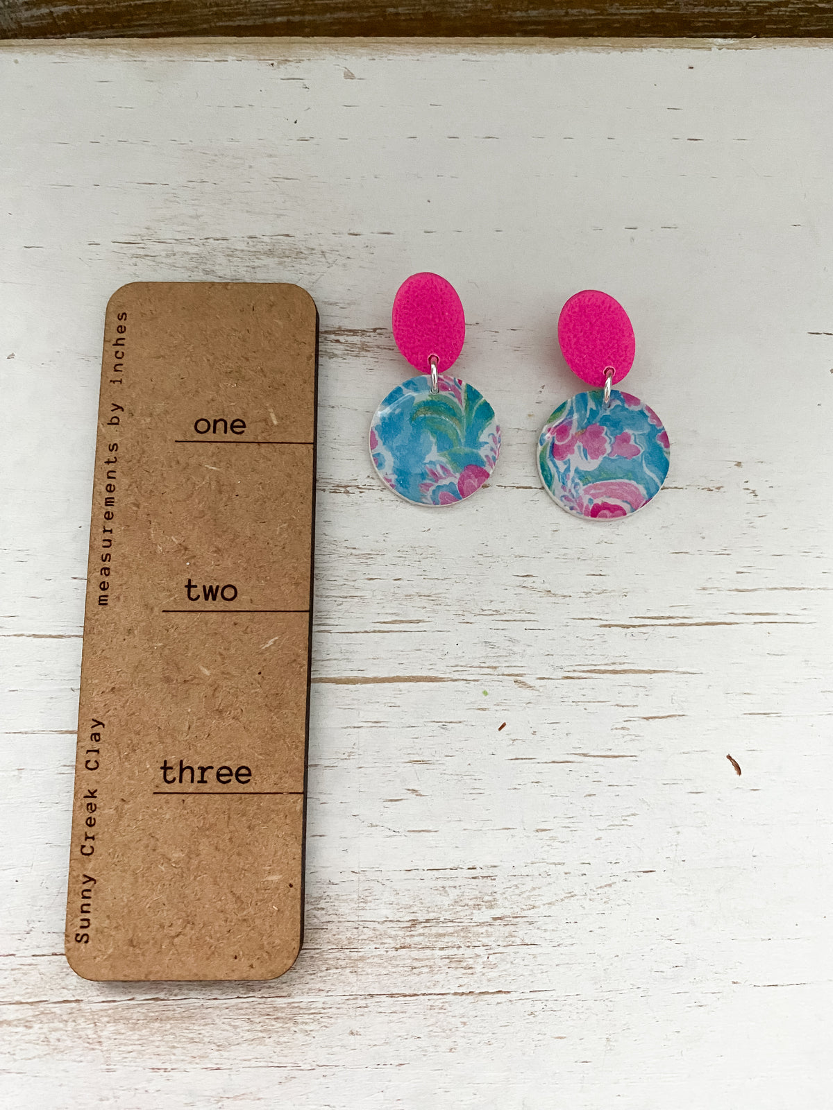 Pink and blue tropical print polymer clay earrings