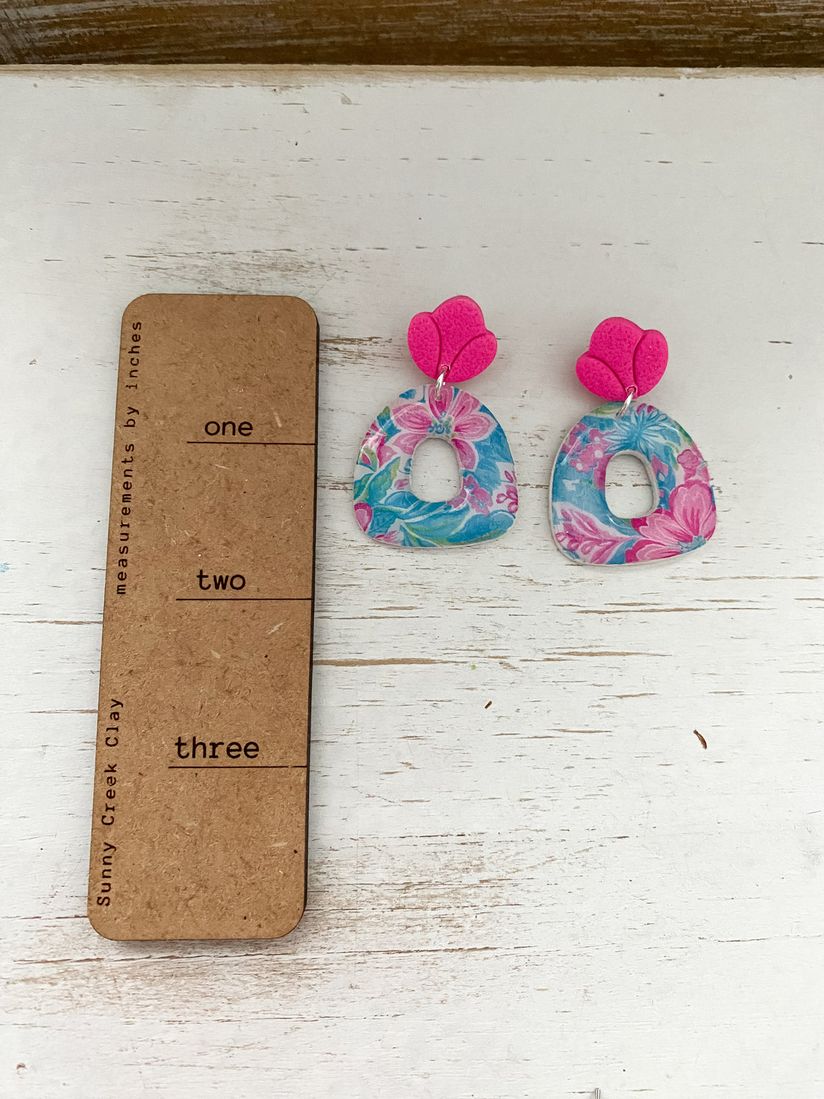 Pink and blue tropical print polymer clay earrings