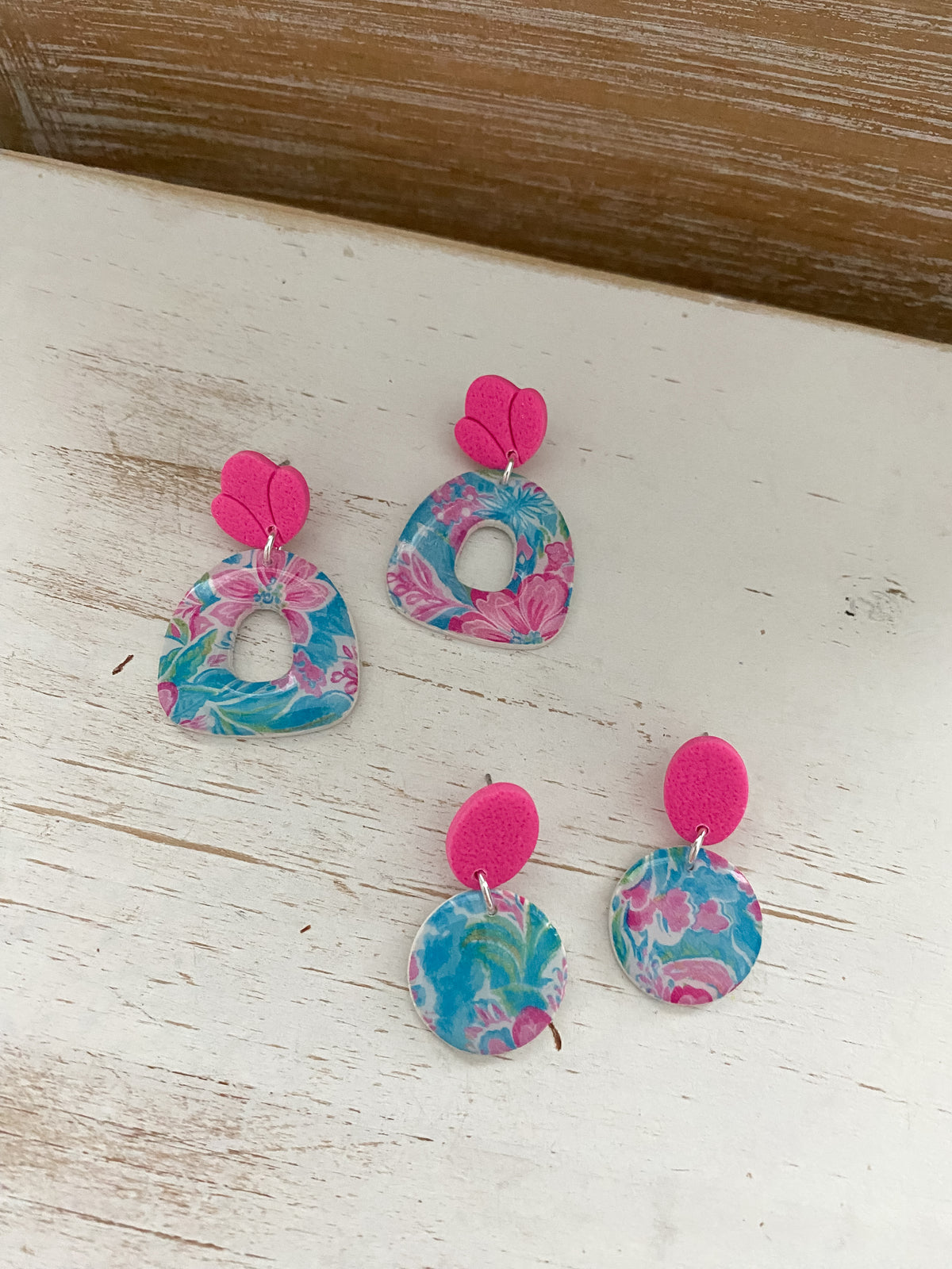 Pink and blue tropical print polymer clay earrings