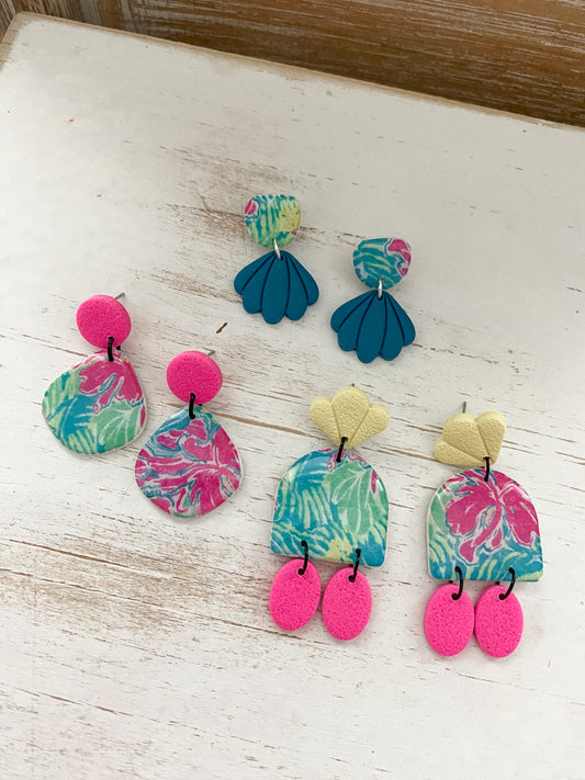 Neon tropical print handmade polymer clay earrings