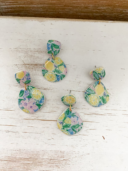 Neon lemon print handmade polymer clay earrings