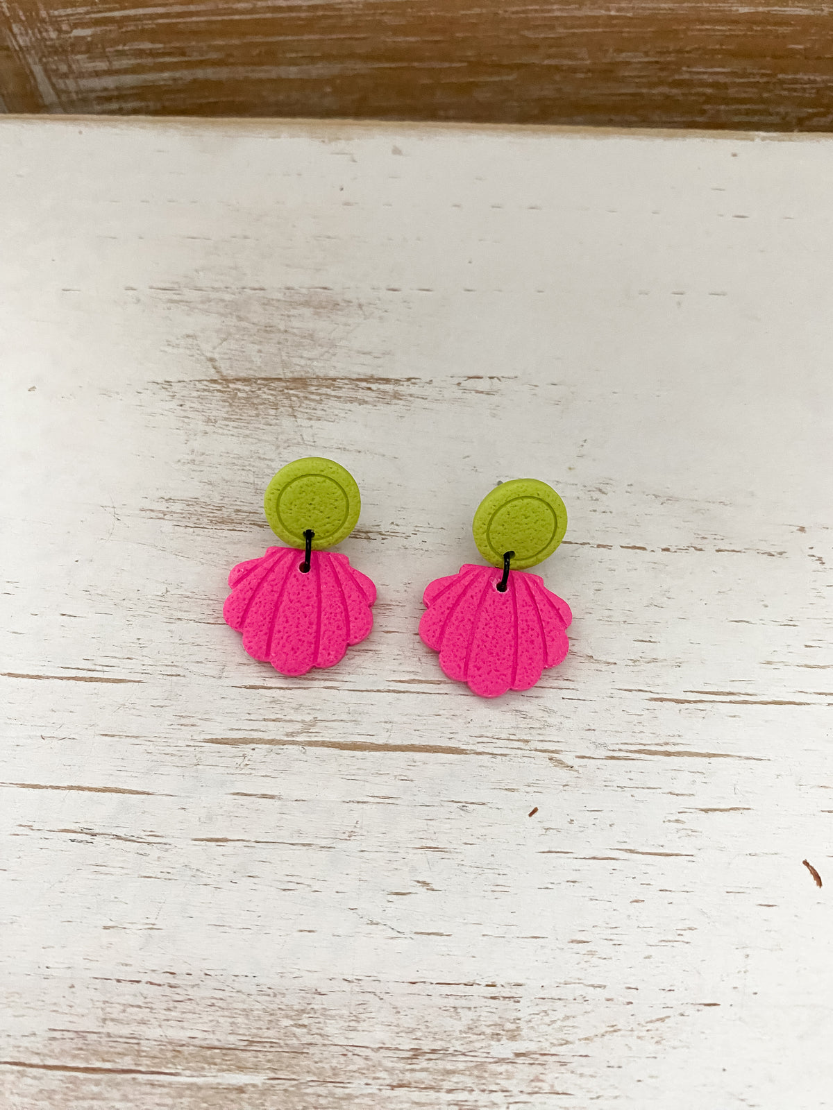 Neon pink & green seashell handmade polymer clay earrings
