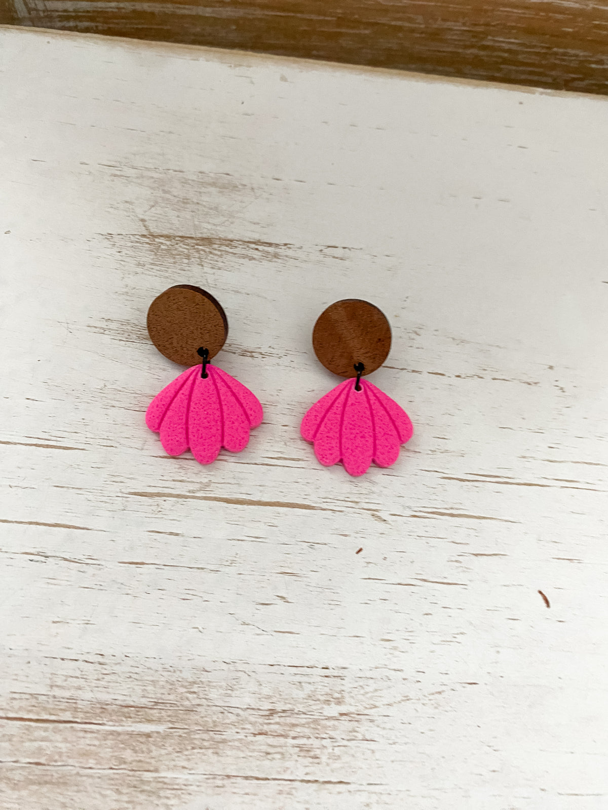 Neon pink seashell handmade polymer clay earrings