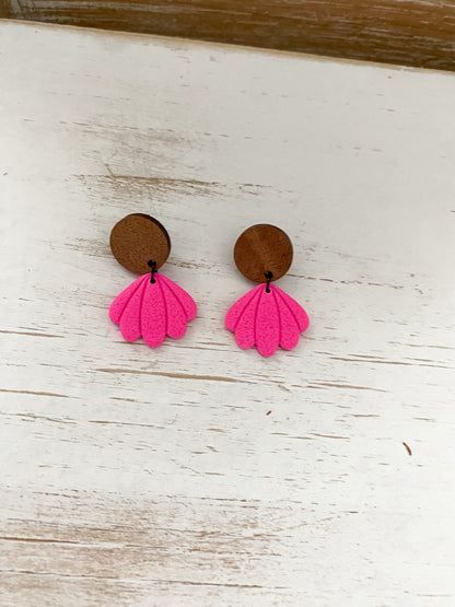 Neon pink seashell handmade polymer clay earrings