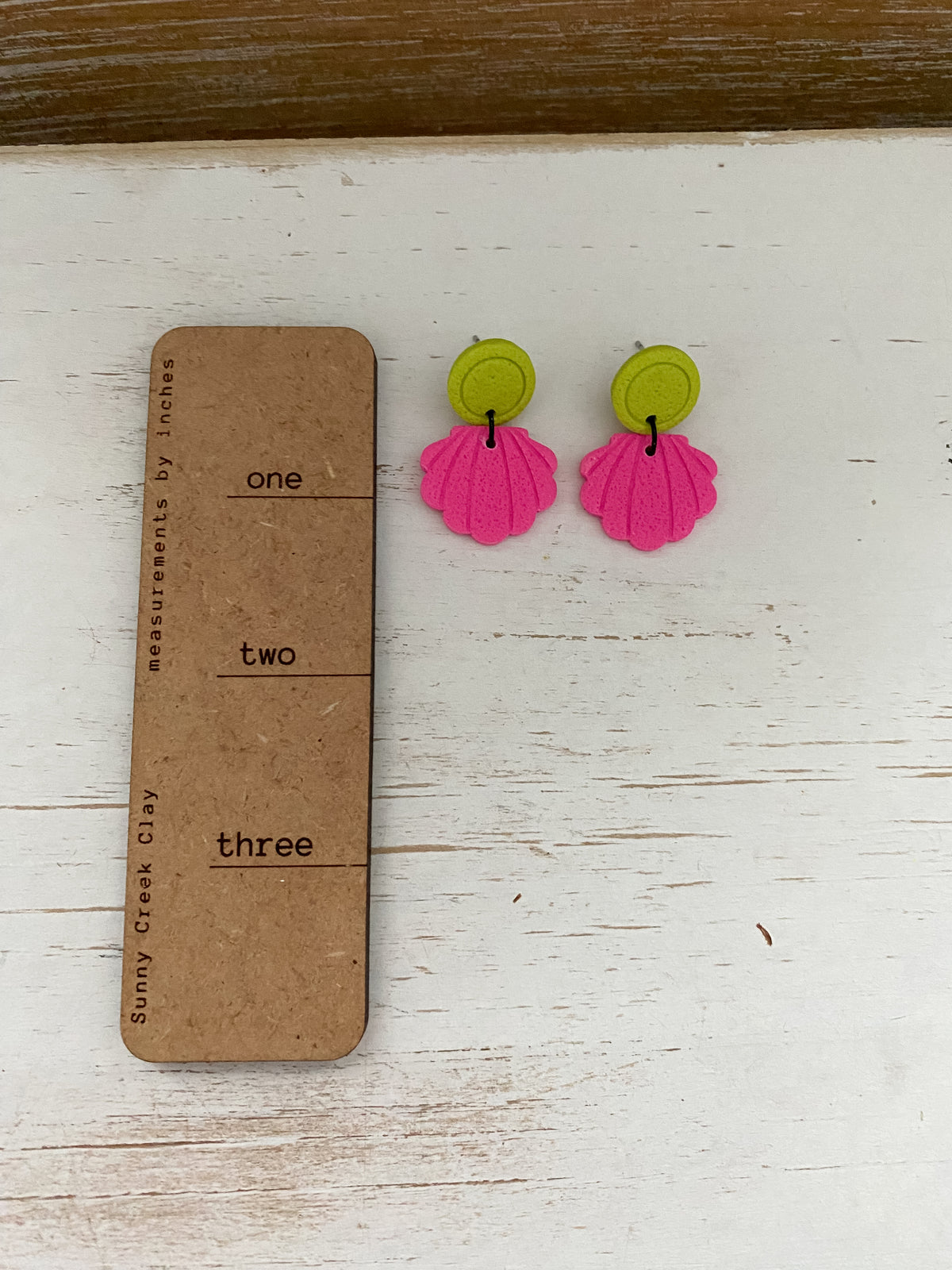 Neon pink & green seashell handmade polymer clay earrings