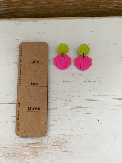 Neon pink & green seashell handmade polymer clay earrings