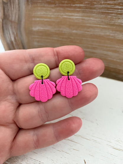 Neon pink & green seashell handmade polymer clay earrings