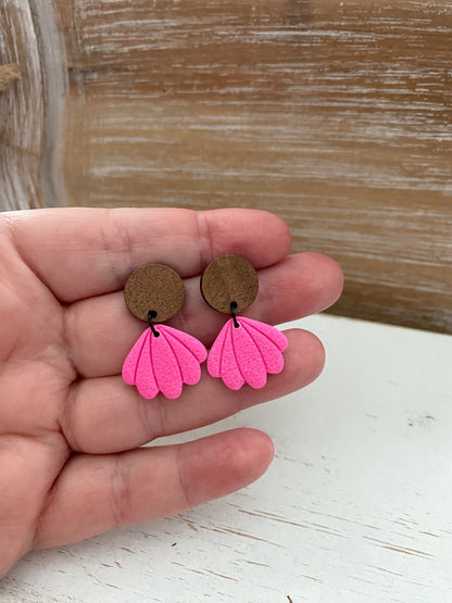 Neon pink seashell handmade polymer clay earrings