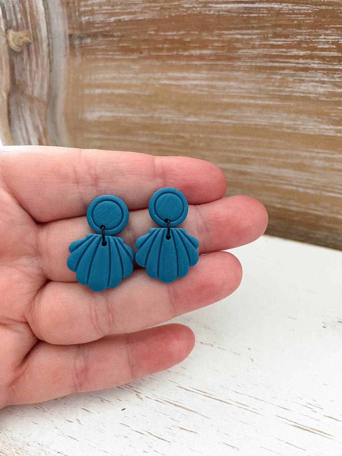 Deep teal seashell handmade polymer clay earrings