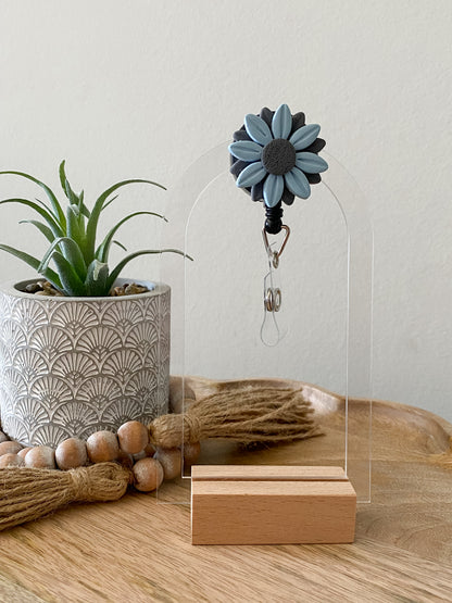 Blue & Gray handmade polymer clay badge reel
