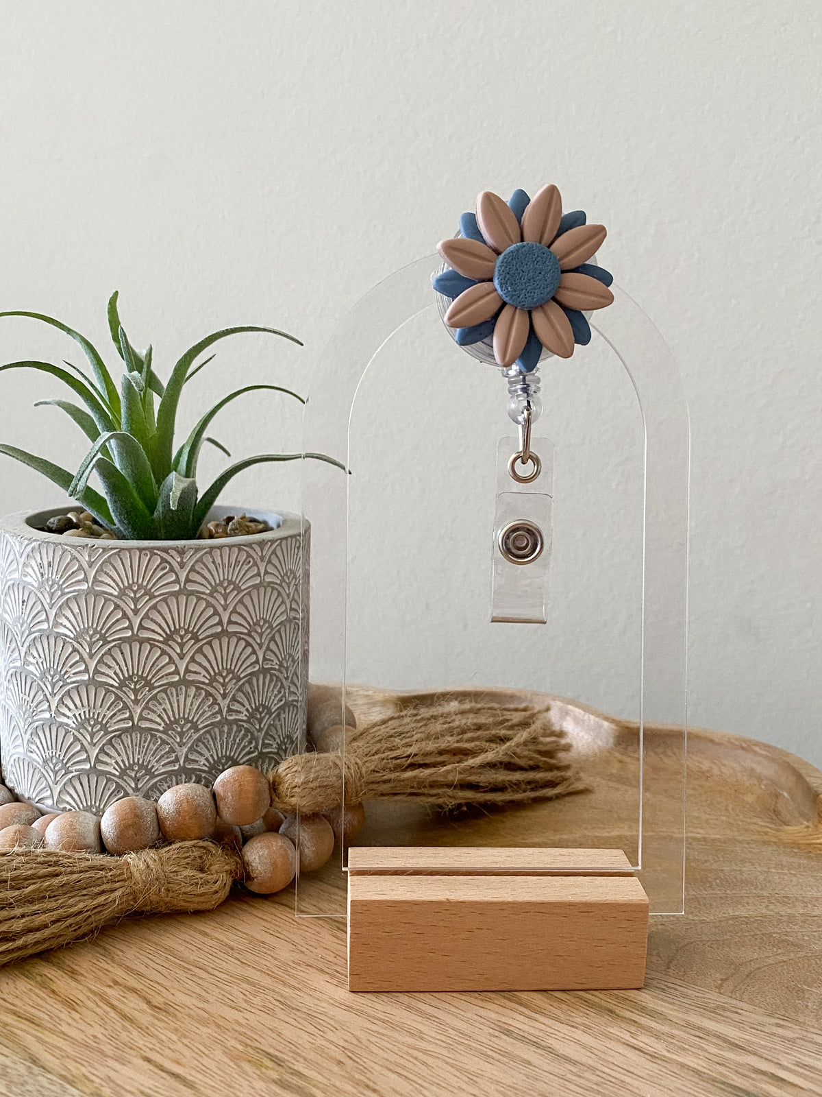 Tan & Blue handmade polymer clay badge reel