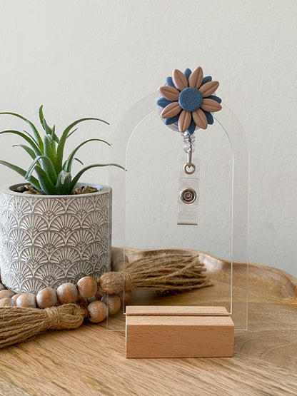 Tan & Blue handmade polymer clay badge reel