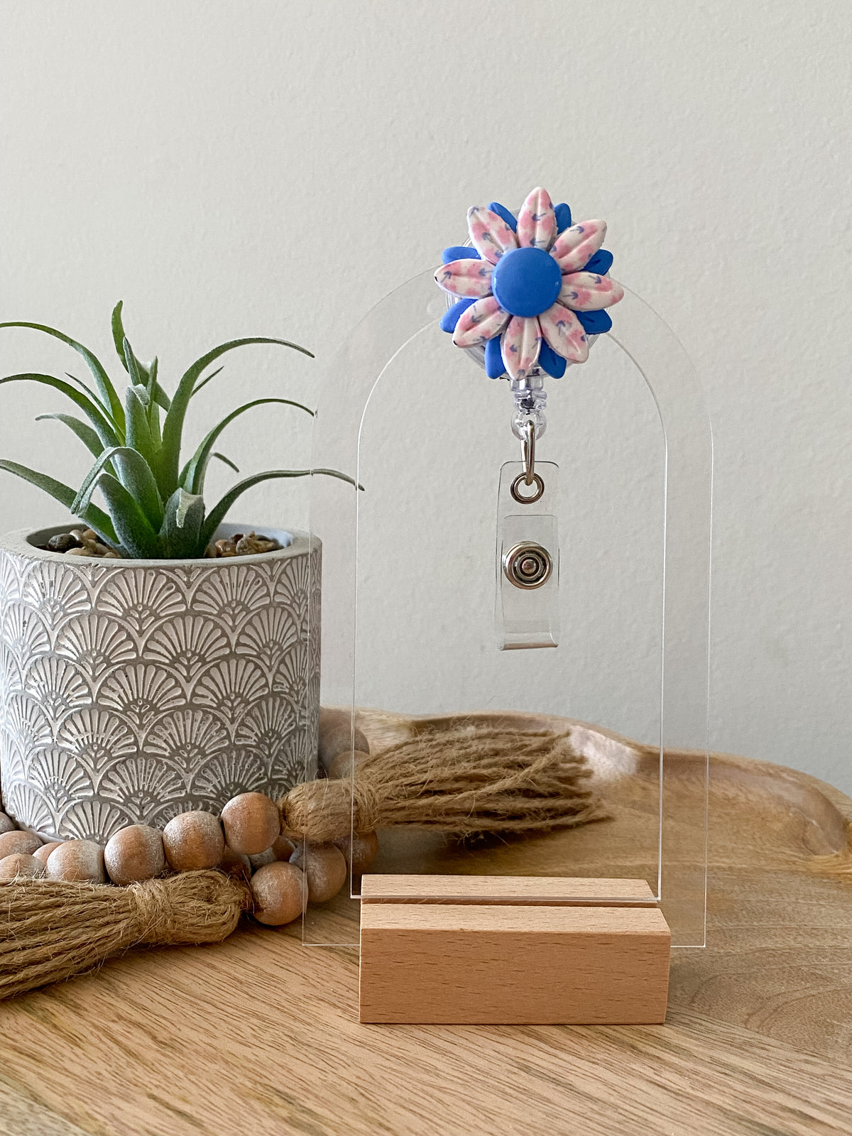 Pink and blue floral print daisy handmade polymer clay badge reel