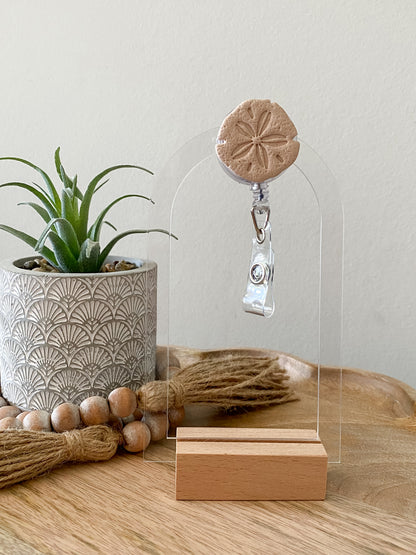 Sand dollar handmade polymer clay badge reel