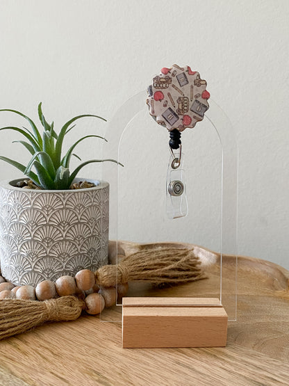 Back to school print handmade polymer clay badge reel