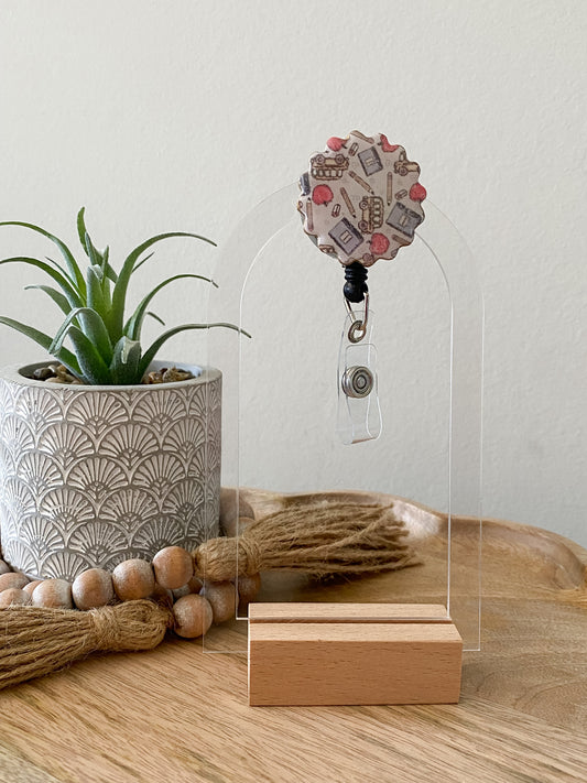 Back to school print handmade polymer clay badge reel