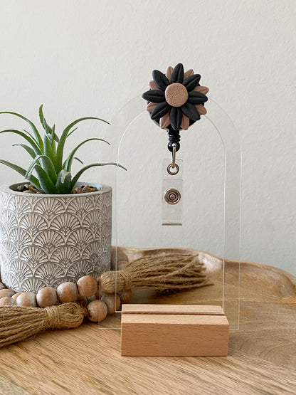 Black & tan daisy handmade polymer clay badge reel