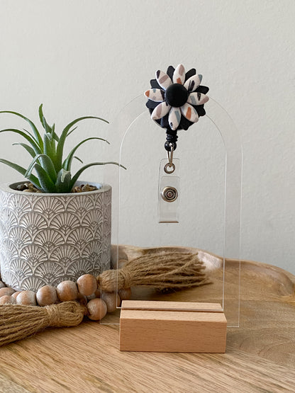 Retro print daisy handmade polymer clay badge reel