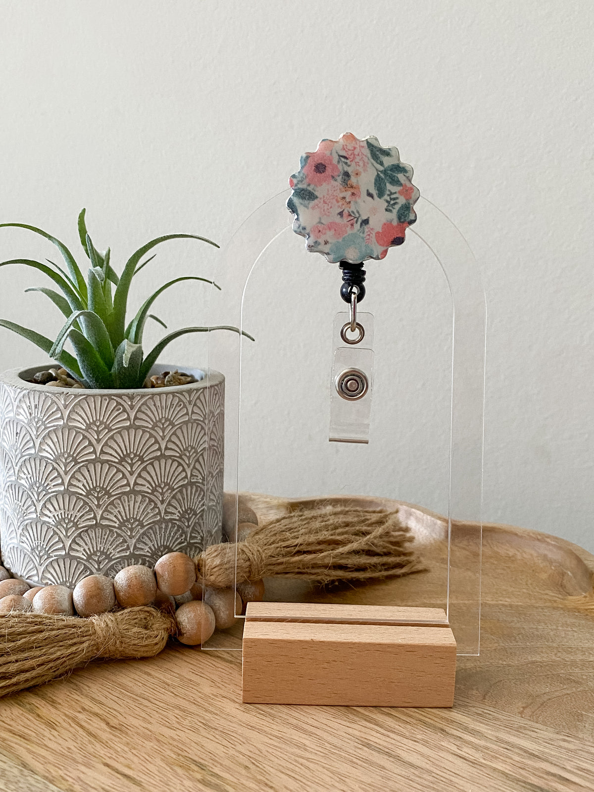 Blue & pink floral print handmade poylmer clay badge reel