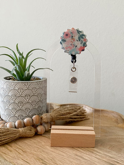 Blue & pink floral print handmade poylmer clay badge reel